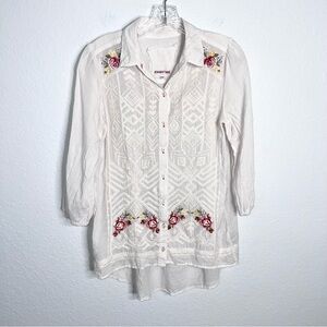 Johnny Was Top Small 3J Workshop Floral Embroidered  Shirt Boho White Tunic B9